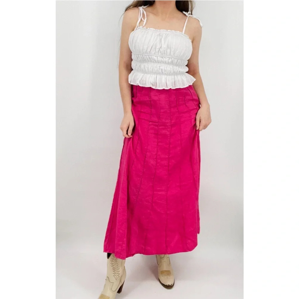 vintage coastal cowgirl boho hot pink linen pleated midi skirt size 10